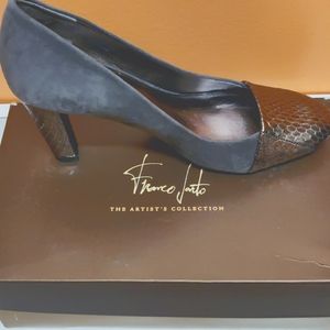 Franco Sarto Gray Suede Pumps with Pewter Snake Print on Heel and Toe